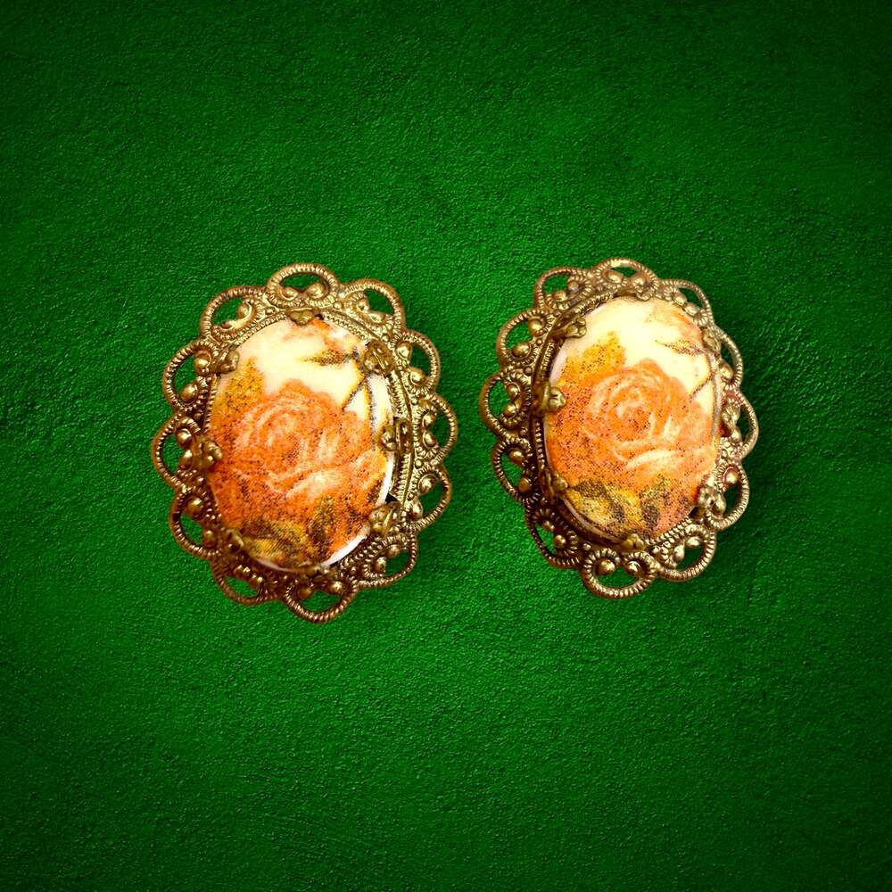 VTG W Germany Orange Rose Floral Cabochon Gold Tone Filigree Clip On Earrings